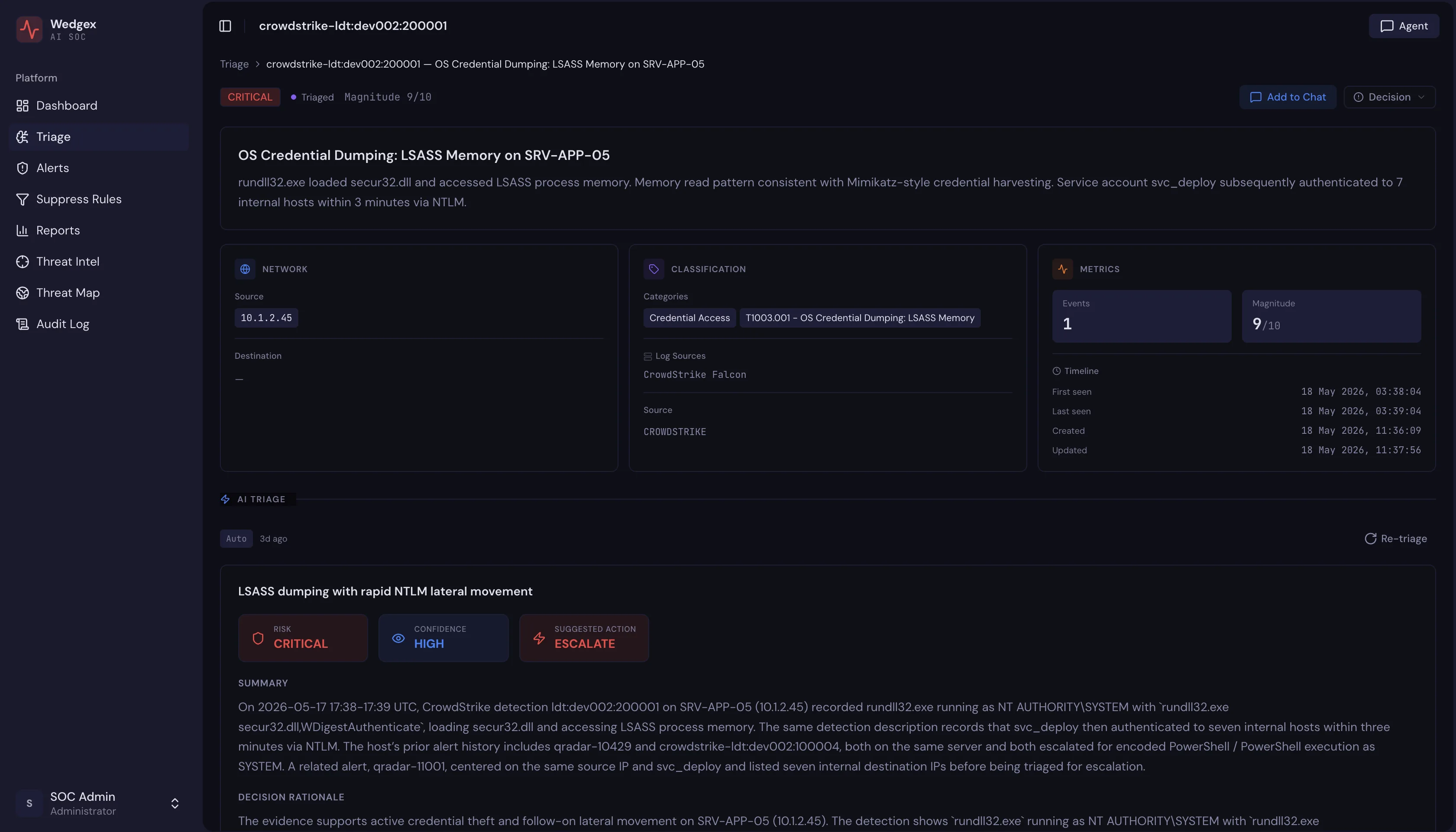 WedgeX alert detail showing the triage verdict, confidence, suggested action and decision rationale