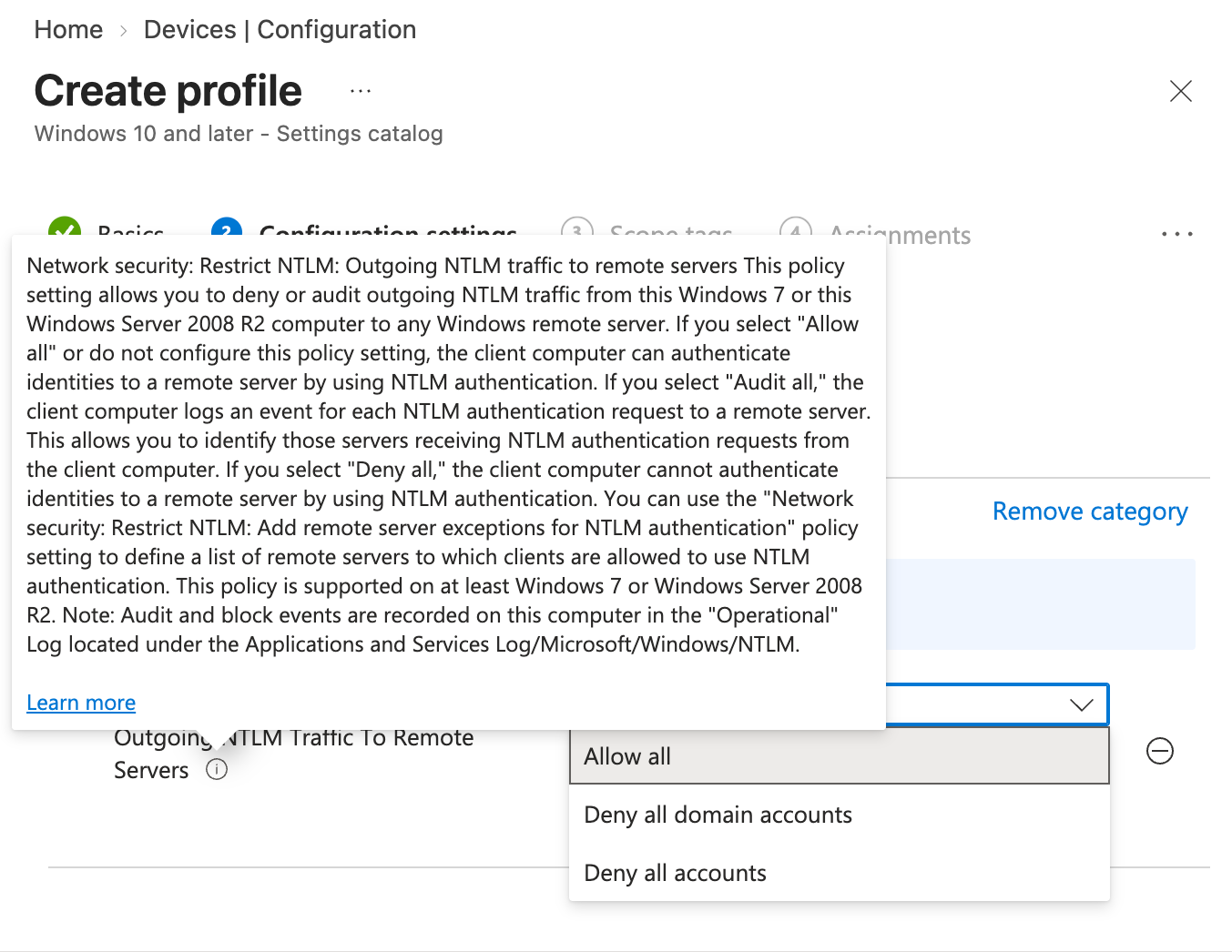 Figure 10 showing the Intune outgoing NTLM policy options