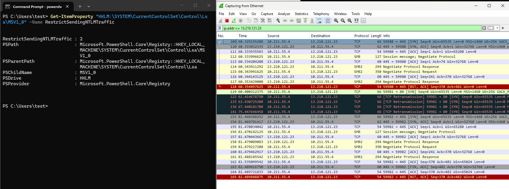 Figure 14 showing the outbound NTLM exchange prevented with value 2